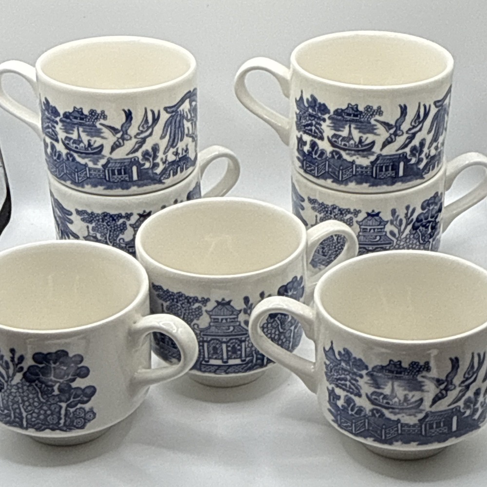 Set of 7 Blue & White Ceramic Stackable Scenic Mugs w/ Handles, England - Picture 1 of 7